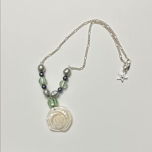 Elegant Pearl and Silver Necklace with Rose Pendant